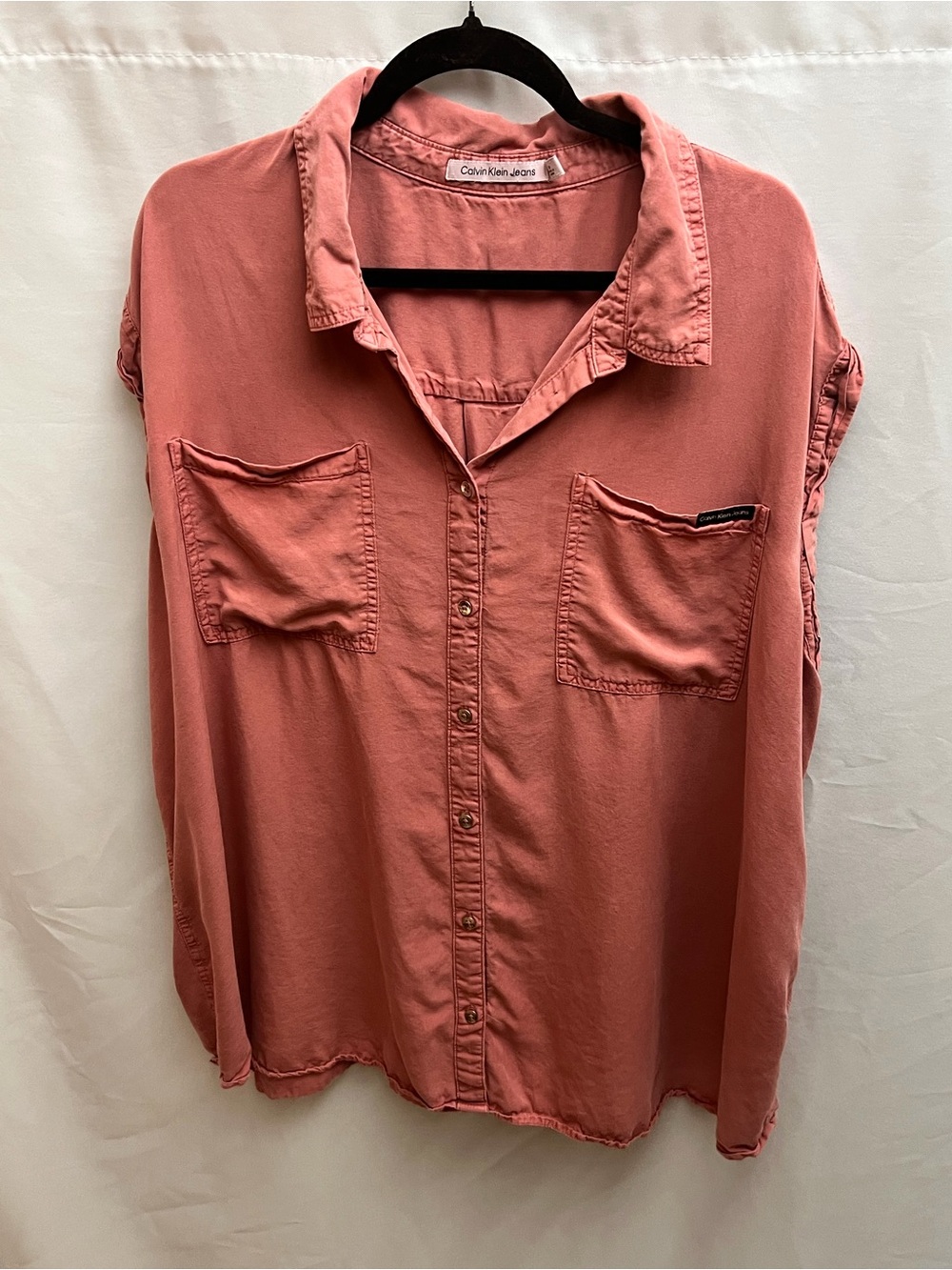 Calvin Klein Jeans Women’s 3X Coral Pink Lyocell Button Front Shirt Blouse